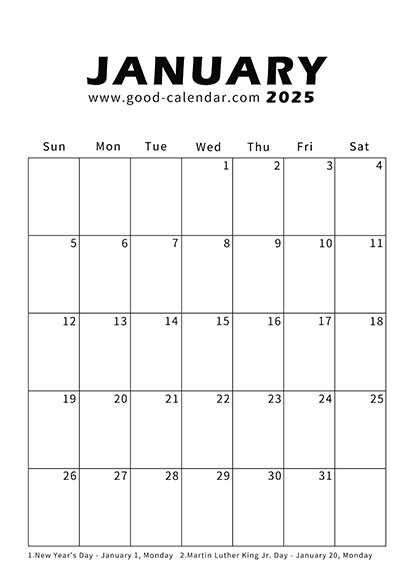 Vertical minimalist January 2025 calendar template with a clean design