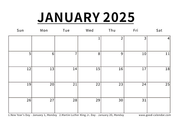 Calendar January 2025 design for minimalistic planners