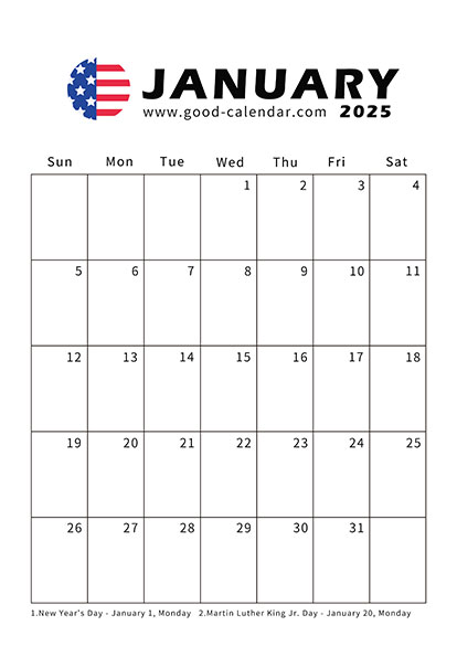 Vertical January 2025 calendar with holidays in a classic American theme