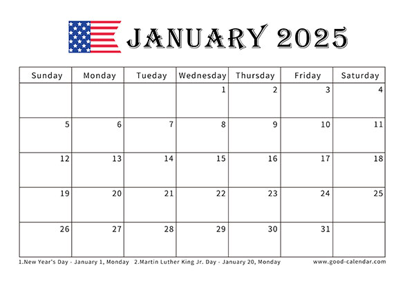 Calendar for year 2025 in United States style with patriotic design elements