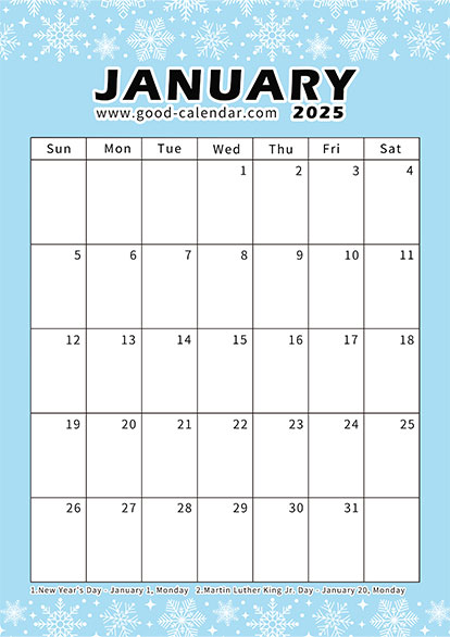 Vertical January 2025 calendar printable template with snowflake design