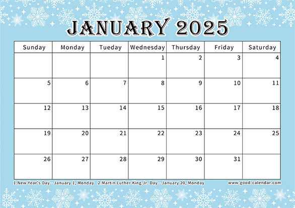 Calendar January 2025 template with a winter snowflake design