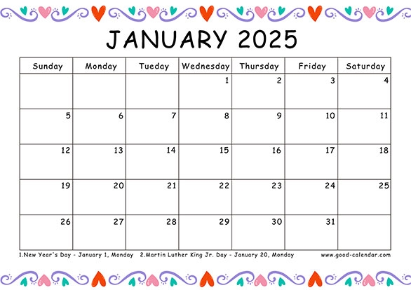 Cartoon January 2025 calendar pdf with fun and colorful design