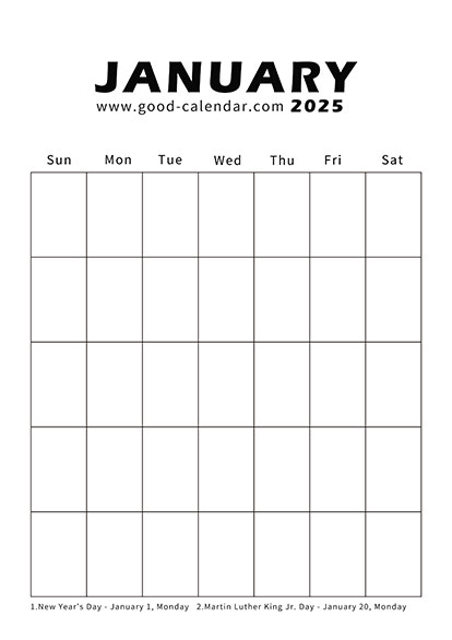 Vertical January 2025 calendar in a clean and minimalist design