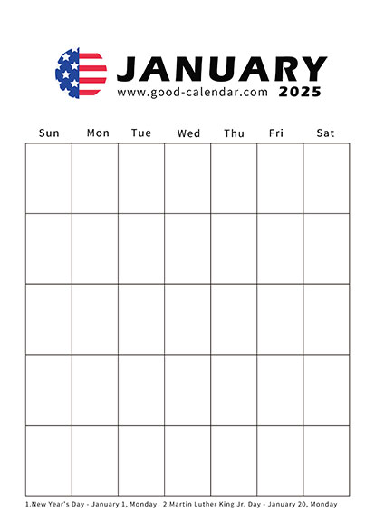 Vertical blank January 2025 calendar template for customizable planning