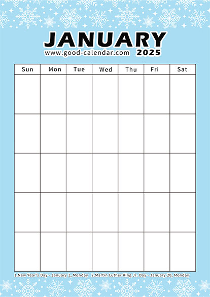 Vertical blank January 2025 calendar template with snowflake design