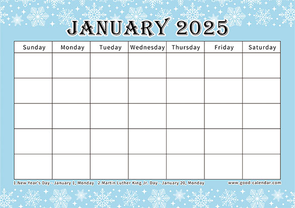 January 2025 calendar-Blank calendar with snowflake background for winter planning