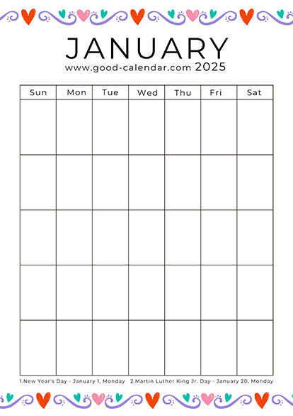 Vertical blank January 2025 calendar template with fun cartoon illustrations