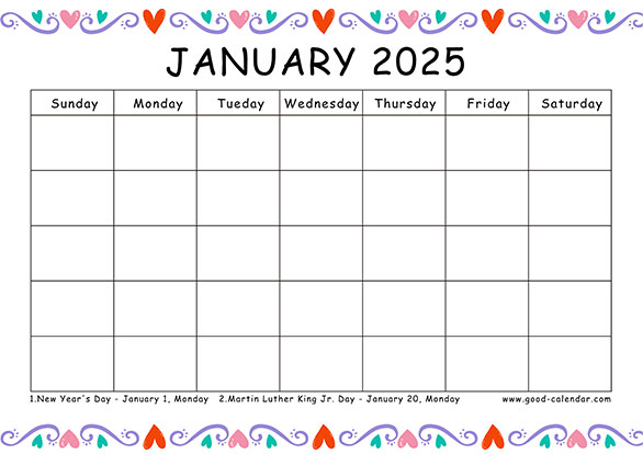 January 2025 calendar-Blank calendar in a fun cartoon style for kids and families