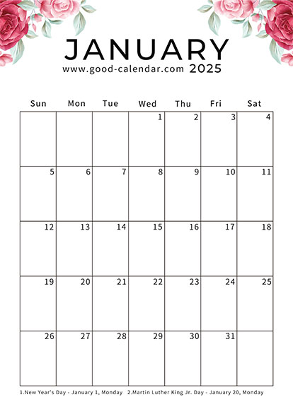 Vertical calendar January 2025 PDF template with floral design