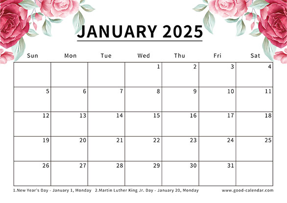 January 2025 calendar with a beautiful floral design for a fresh start