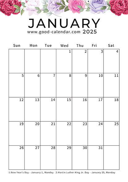 Vertical January 2025 printable free calendar template with a fresh and simple design