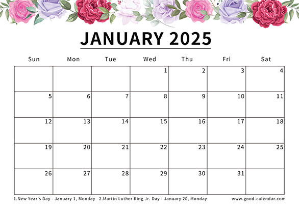 January 2025 calendar with vibrant floral accents for a fresh start