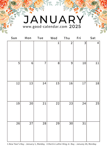 Vertical calendar January 2025 template with floral accents