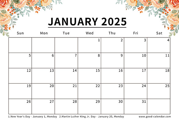 Calendar January 2025 with elegant floral border design for a cheerful start