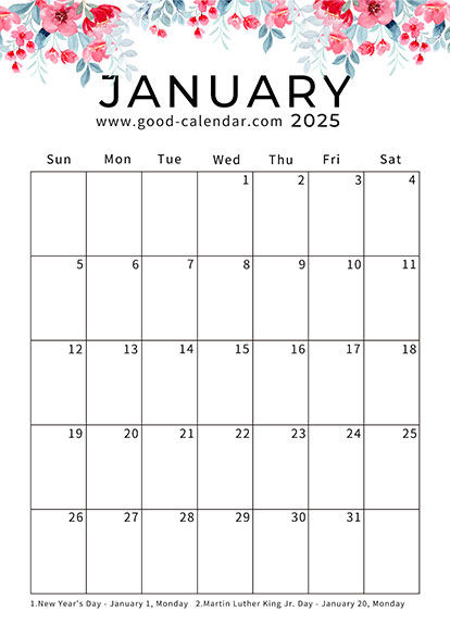 Vertical January 2025 calendar with holidays and floral design