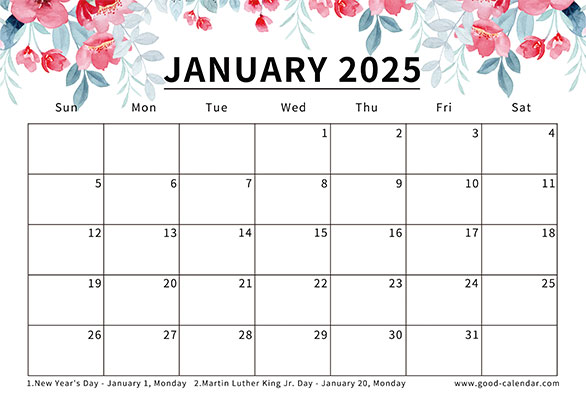 Calendar January 2025 with holidays and floral accents for a colorful month